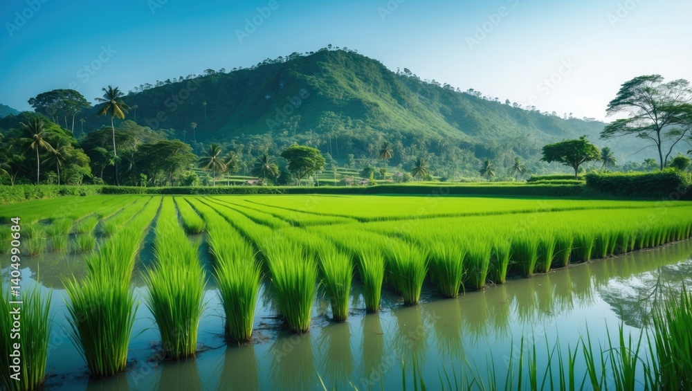 Newly established rice fields bordered by a tree-filled hill, fresh and green Newly established rice fields bordered by a tree-filled hill, fresh and green