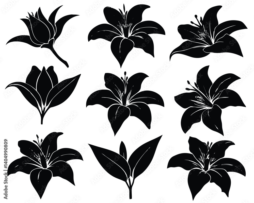Black and White Lily Flower Silhouettes: Vector Floral Design Elements for Graphic Design, Botanical Illustration, and Tattoo Art Black and White Lily Flower Silhouettes: Vector Floral Design Elements for Graphic Design, Botanical Illustration, and Tattoo Art