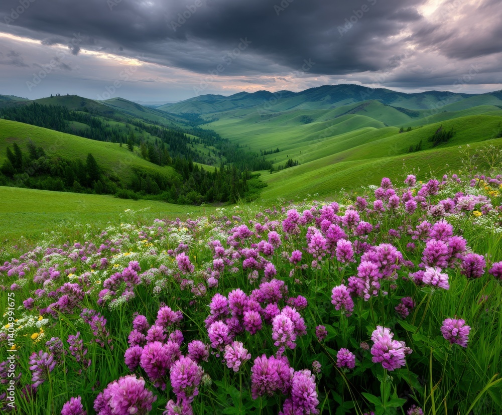 Fototapeta premium Vibrant wildflowers bloom in lush green hills