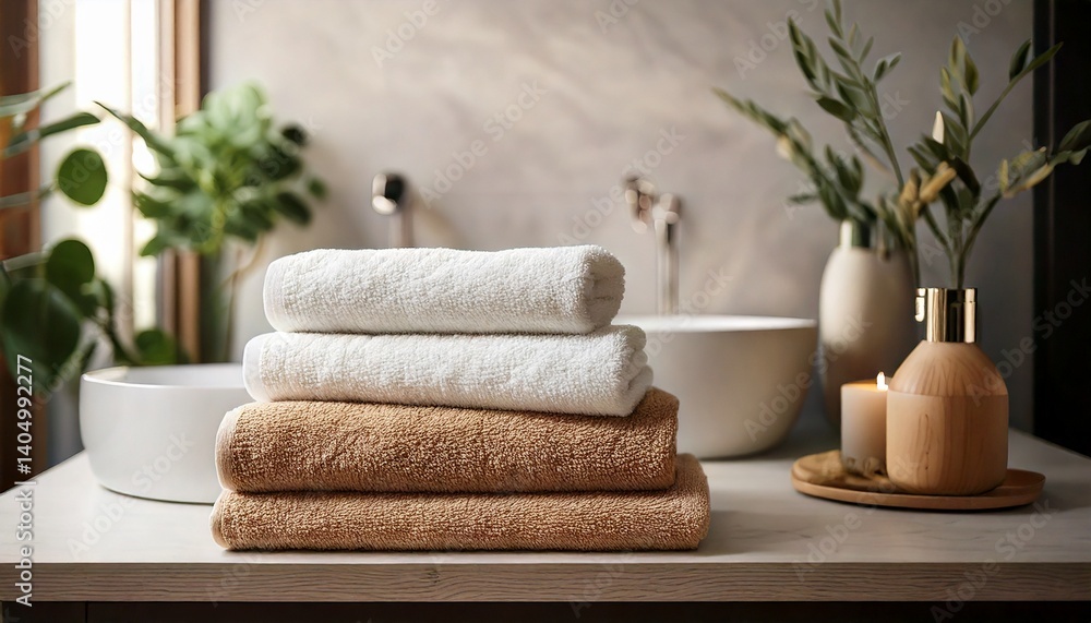 Stack of Soft Towels in a Modern Bathroom with Spa Decor Stack of Soft Towels in a Modern Bathroom with Spa Decor