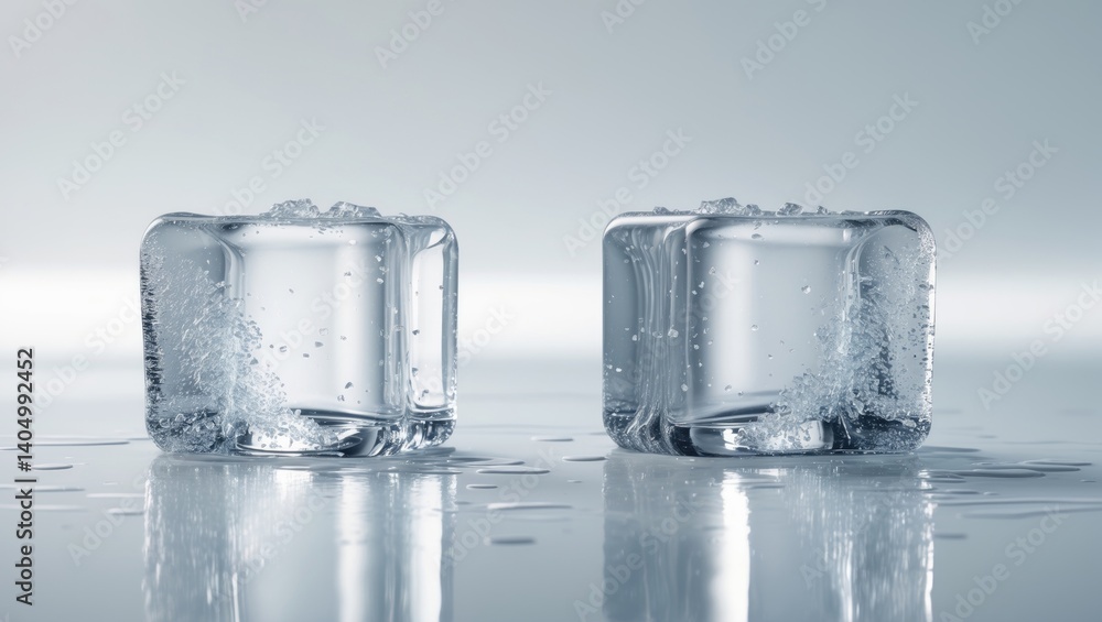 Clear natural ice cubes melting in isolation on a white background with a reflective surface. Clear natural ice cubes melting in isolation on a white background with a reflective surface.