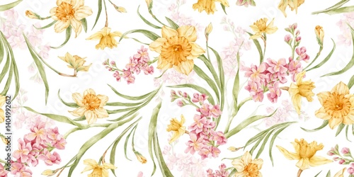 Watercolor Floral Seamless Pattern of Daffodils and Spring Flowers