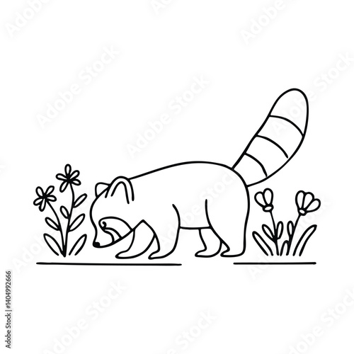 Red panda sniffing the ground near a patch of wildflowers