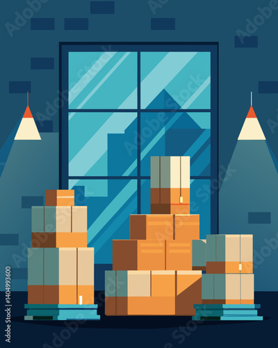 The warehouse windows were obscured by towers of packaging materials and unod boxes blocking out any glimpse of natural light.. Vector illustration