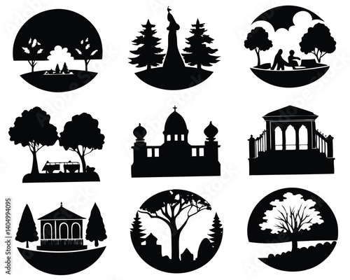 Black and White Silhouette Illustrations: Parks, Monuments, Buildings, Gazebos, Nature Scenes, and Cityscapes Vector Graphics