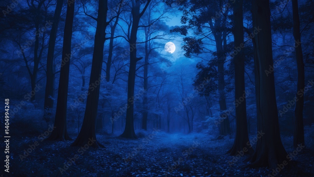 Fototapeta premium Moonlit night in a blue forest with infrared