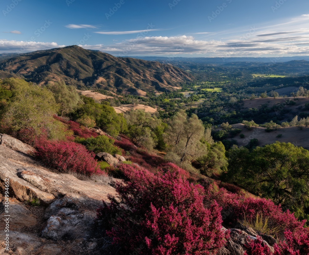 Fototapeta premium Lush hills and vibrant flora under blue sky