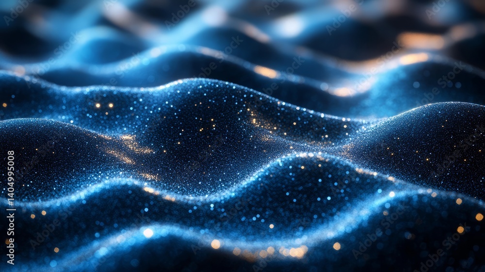 Abstract blue waves with shimmering golden lights creating a sparkling, dreamy ocean-like landscape. Abstract blue waves with shimmering golden lights creating a sparkling, dreamy ocean-like landscape.