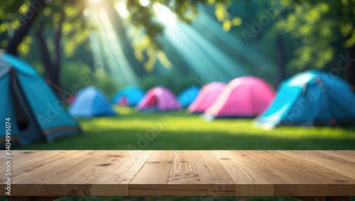 Wallpaper Mural Blurred camping tent and grassy field with a wooden table surface. Concept of Freshness and Relaxation. Suitable for product display montage or key visual layout. Viewpoint of blank space. Torontodigital.ca