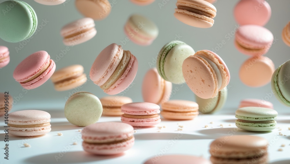 Obraz premium Brightly colored macarons cake, flat lay perspective, sugary macaroon on isolated surface.