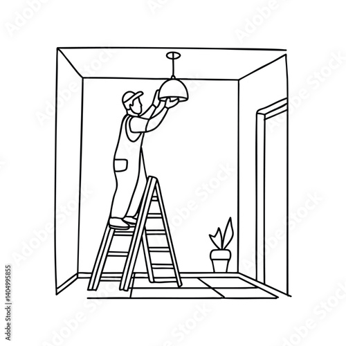 Worker on a ladder installing a light fixture in a renovated room