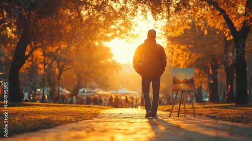 A solitary figure walks through a vibrant autumn park at sunset, with an easel displaying artwork