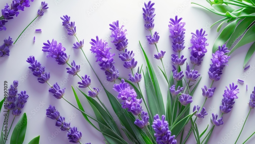 Naklejka premium Isolated lavender petals on a surface. Overhead view, flat layout