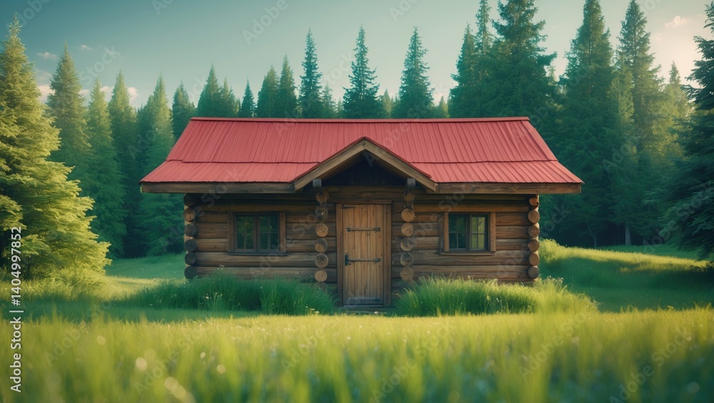 Obraz premium Charming wooden cabin nestled in a peaceful setting, encircled by vibrant evergreen trees.