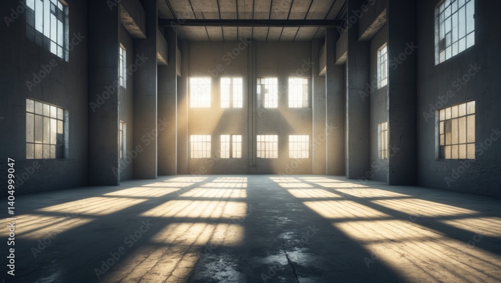 Ample interior space, brightened by sunlight streaming through windows, unoccupied room Ample interior space, brightened by sunlight streaming through windows, unoccupied room