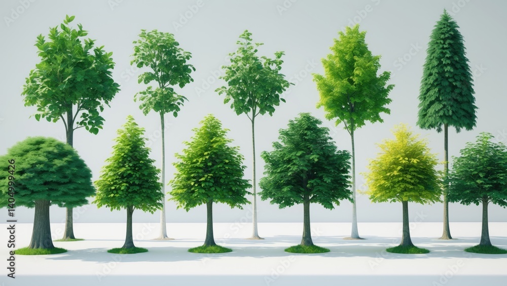 Obraz premium Set of isolated green trees against a background.