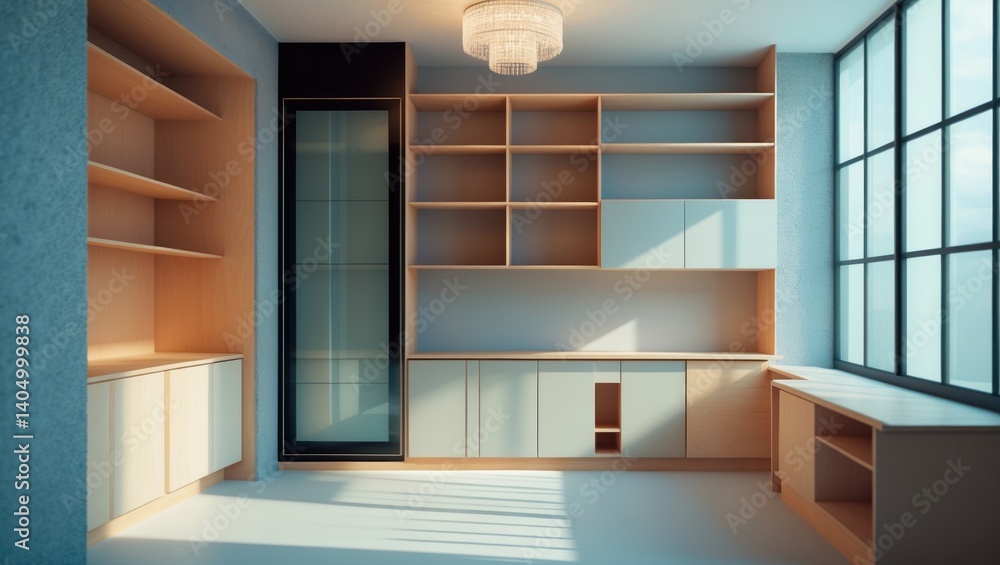 Fototapeta premium Contemporary living room design. Fresh furnishings. Timber wardrobe. Vacant shelves and counter