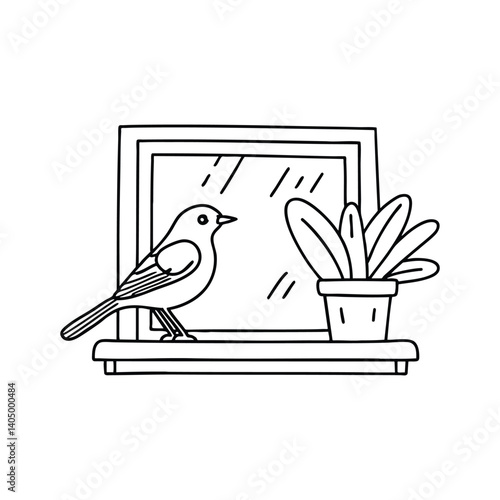 Robin chirping on a windowsill beside a flower pot