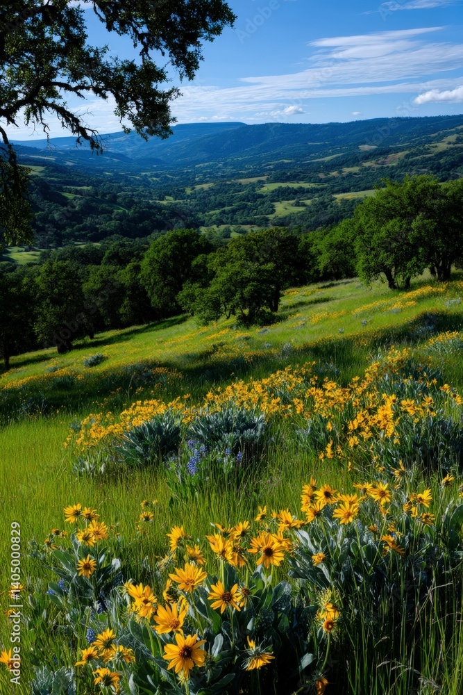 Fototapeta premium Vibrant wildflowers cover the hillside under blue skies