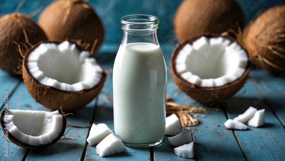 Coconut milk contained in a bottle with an open coconut featuring white flesh on a blue wooden backdrop. Organic dietary vegan item. Coconut milk contained in a bottle with an open coconut featuring white flesh on a blue wooden backdrop. Organic dietary vegan item.