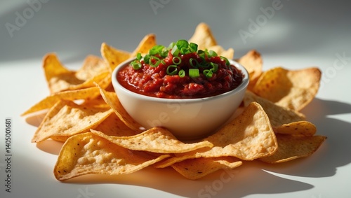 Nachos in a Bowl with Salsa Sauce in the Dipper - Isolated