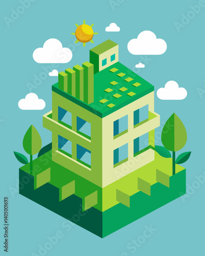 Incorporation of green roofs and walls in the building design providing insulation and reducing energy consumption.. Vector illustration