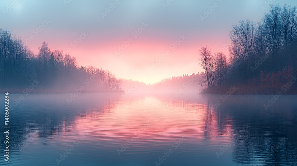 Fototapeta premium Serene sunrise over misty lake reflecting pastel colors.