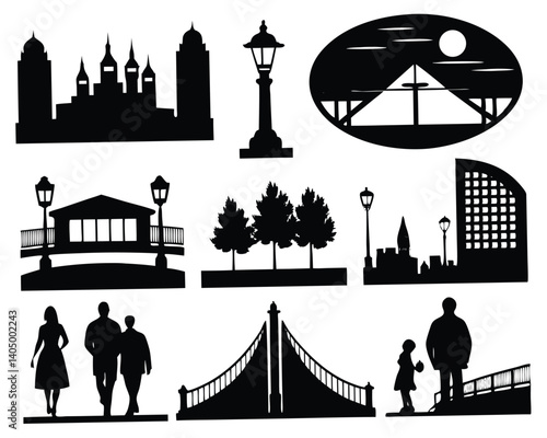 Black and White Cityscape Silhouette Vector: Buildings, Bridges, People, Trees, and Streetlights - Urban Design Elements Graphics