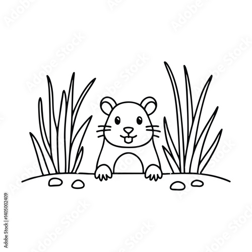 Rodent peeking out of a burrow surrounded by dry grass and pebbles