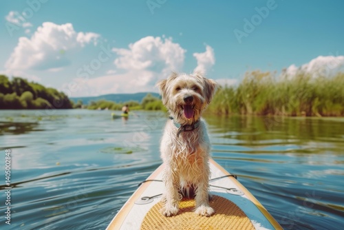 Happy dog on paddleboard in serene lake landscape