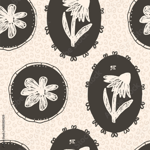 Flowers seamless pattern. floral stencil on vintage frames allover background. Coneflower or daisy in oval and circular border. Vector hand drawn monochrome illustration.