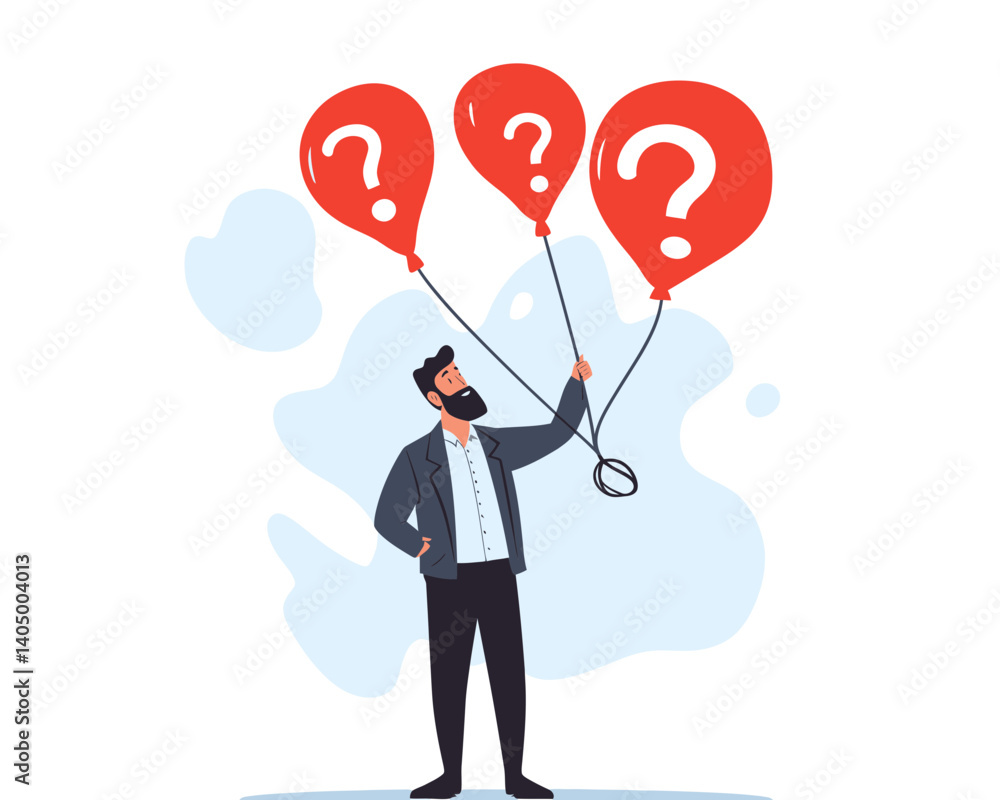 Curious Businessman Holding Question Mark Balloons Seeking Solutions Vector Illustration - Problem Solving, FAQ, Inquiry Concept Curious Businessman Holding Question Mark Balloons Seeking Solutions Vector Illustration - Problem Solving, FAQ, Inquiry Concept