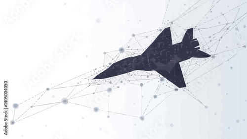 Futuristic Grey Fighter Jet with Polygon Lines on Abstract Background, Polygonal Low Poly Vector with Connecting Dots and Lines, Flat Minimalist SVG Concept