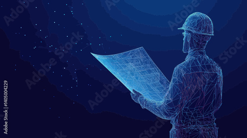 Digital Wireframe Architect Holding Blueprint, Abstract Construction Concept, Polygonal Lines and Dots, Dark Blue Vector Illustration for Industry and Technology