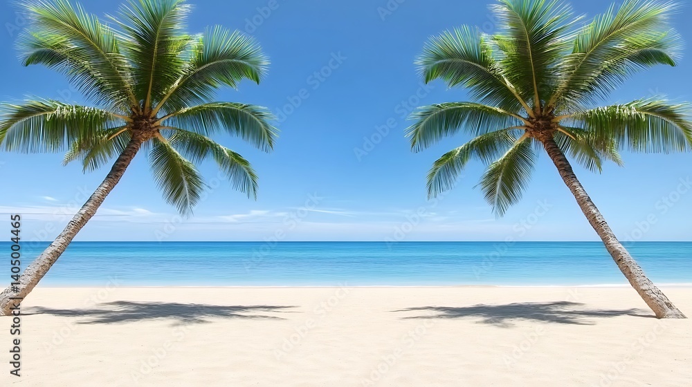 Tropical beach scene with two palm trees. Tropical beach scene with two palm trees.