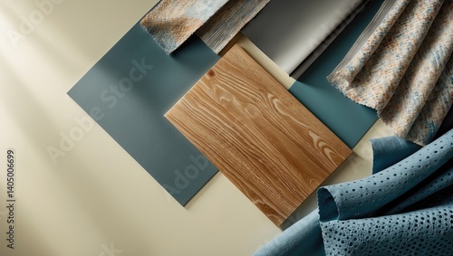 Interior Material Combination from a Perspective View Featuring Wooden and Concrete Floors, Laminate Samples, Fabric, and Perforated Metal. Focus on Cloth in the Center.