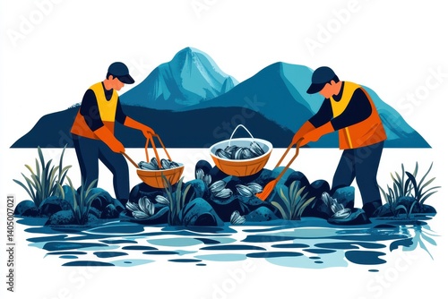 Mussel Harvesting Coastal Workers Gathering Seafood Baskets Mountains Background