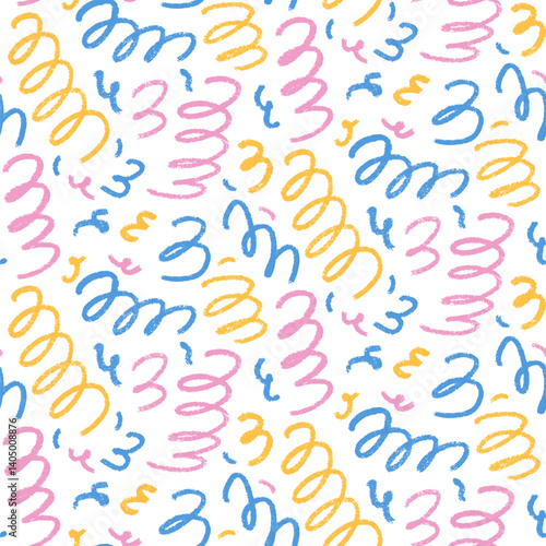 Birthday party seamless pattern. Squiggle crayon lines geometric endless background. Fun confetti repeat cover. Surface pattern design festive motif. Vector hand drawn illustration.
