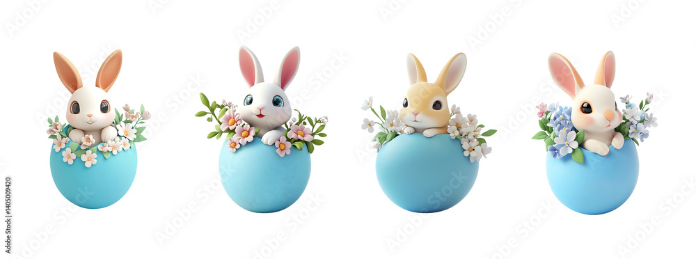 Naklejka premium Set of cute Easter bunnies with flowers, 3d render illustration on transparent background
