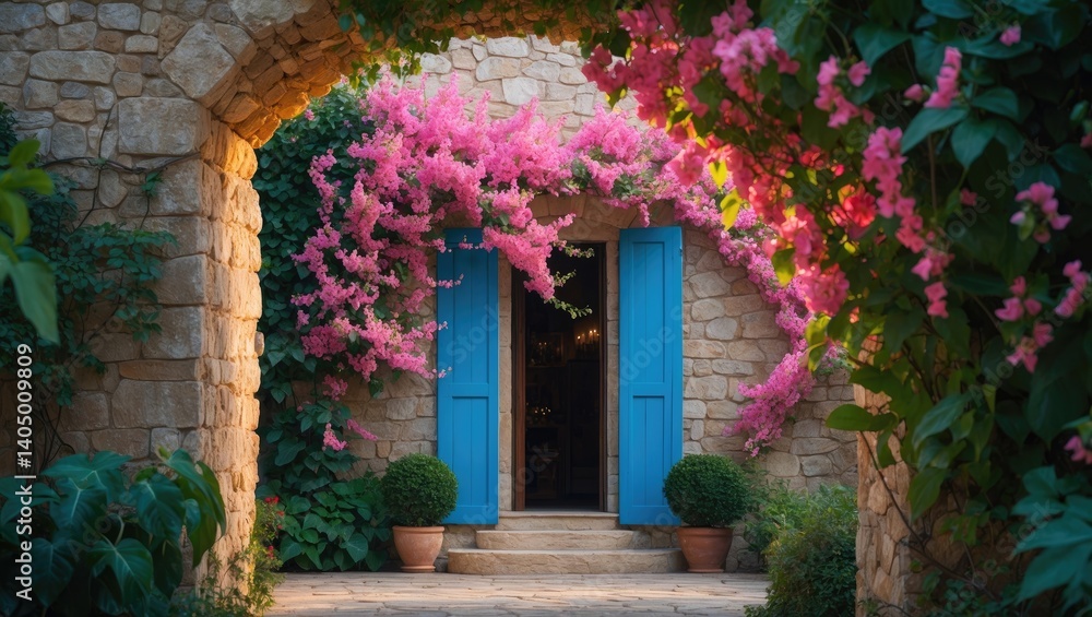 Fototapeta premium Flourishing bougainvillea, jasmine, and ivy on the faÃ§ade of an ancient stone house