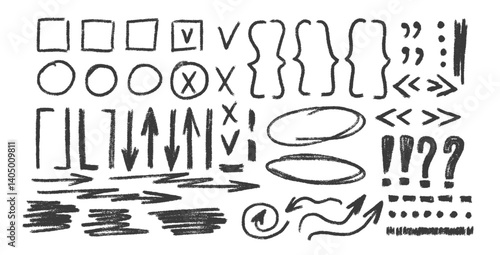 Check marks, arrow doodle set. Crayon underlines, quotation marks, brackets and signs. Scribble sketch pencil emphasis note highlights. Vector hand drawn illustration isolated on white background.