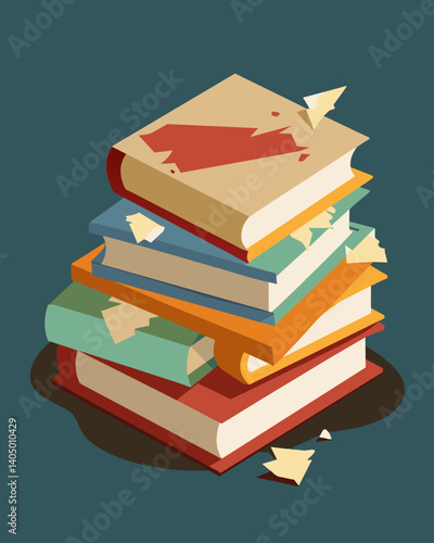 A mound of outdated textbooks their pages worn and torn no longer sought after in the age of digital information.. Vector illustration