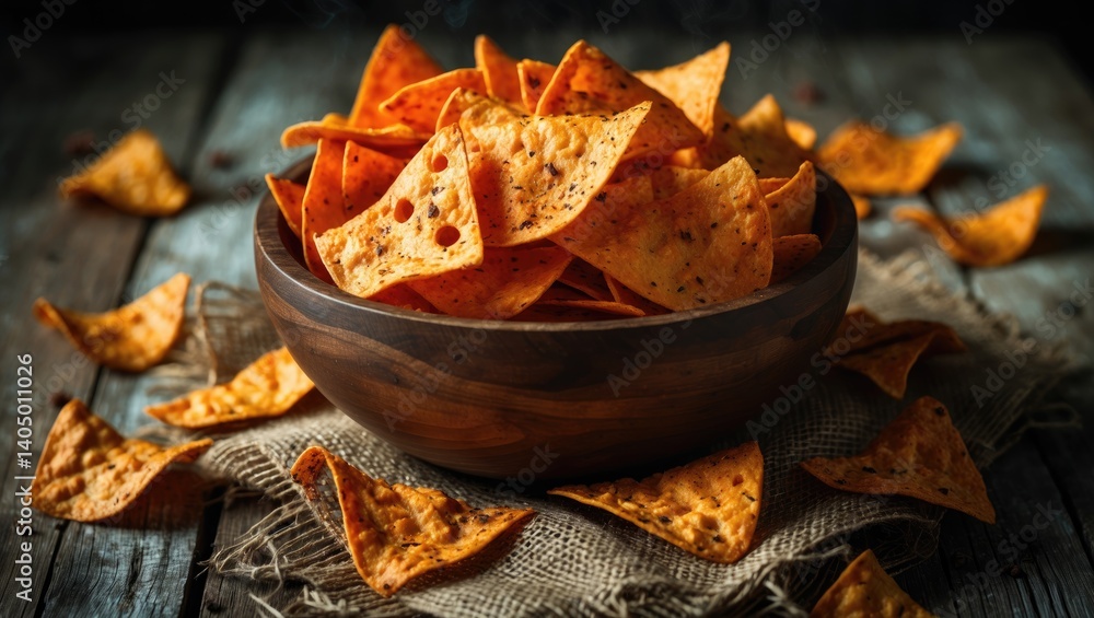 Nachos served in a brown wooden bowl atop burlap cloth on a table. Classic corn chips seasoned with spices. Nachos served in a brown wooden bowl atop burlap cloth on a table. Classic corn chips seasoned with spices.