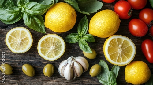 Fresh citrus fruits, vegetables, herbs and garlic on a rustic wooden surface.