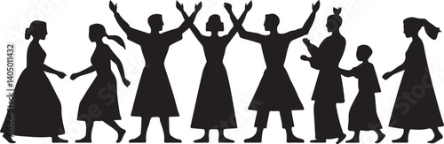 A collection of black silhouettes depicting various people, animals, and objects, likely from a historical or fantasy setting.