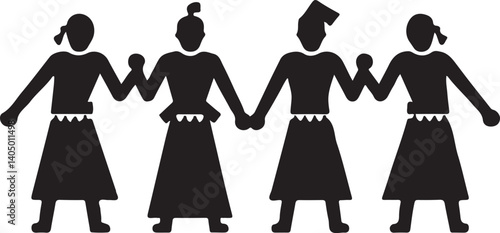 A collection of black silhouettes depicting various people, animals, and objects, likely from a historical or fantasy setting.