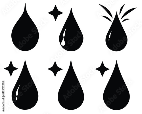 Black & White Water Drop Icons: Clean, Shiny, and Sparkling Liquid Droplets Vector Illustration Set for Design Projects