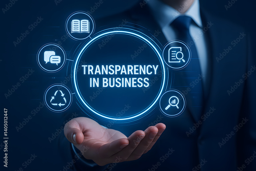 Transparency in Business Holographic Interface with Ethical Icons and Professional in Background Transparency in Business Holographic Interface with Ethical Icons and Professional in Background