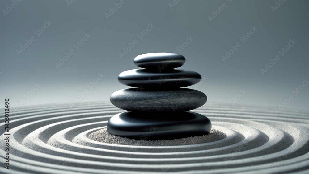 Zen garden backdrop featuring a stack of black stones on sand.