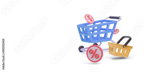 Shopping Cart With Discount Symbols And Yellow Basket In 3D Cartoon Style. Perfect For Online Store, Sale Promotion, And E-Commerce Concepts. Vector Illustration.